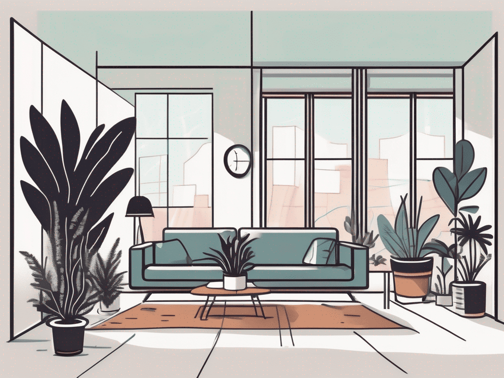 A living room with various indoor plants