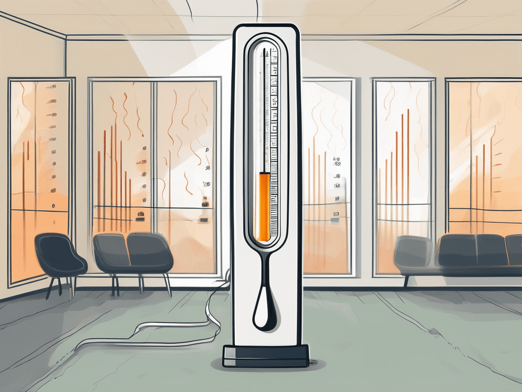 A psychrometer in a room with visible air particles to indicate humidity