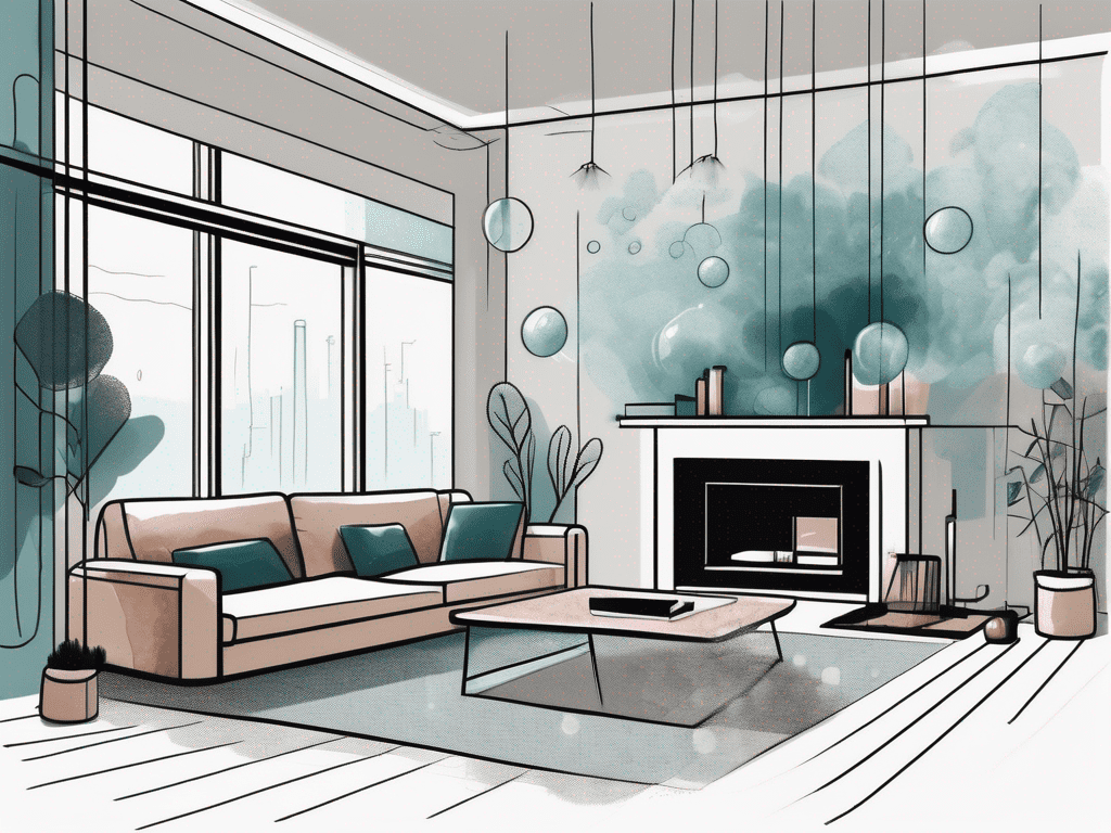 An indoor environment such as a living room with visible air particles symbolizing chemical contaminants