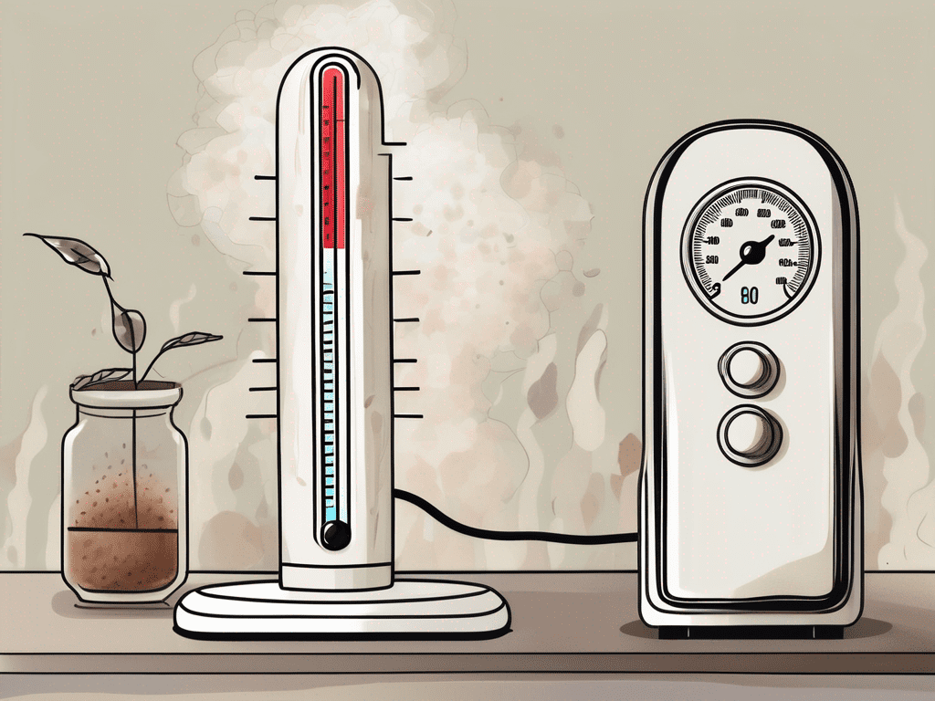 A thermometer measuring dry-bulb temperature next to a humidity control device