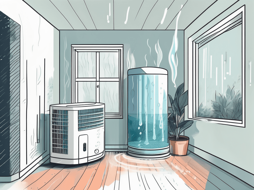 A home interior with visible humidity and a dehumidifier actively condensing the moisture into water