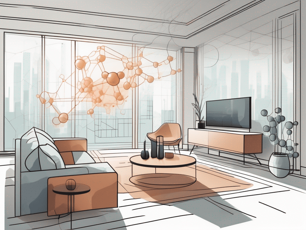 A living room with visible air particles and a molecule structure of formaldehyde to signify its presence in the indoor air