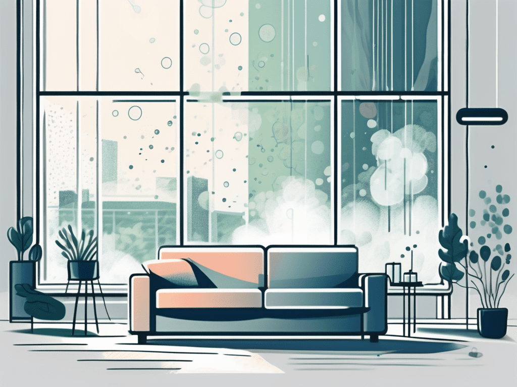 An indoor environment like a living room with visible particles in the air