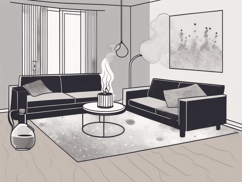 A living room interior with visible air particles representing volatile organic compounds