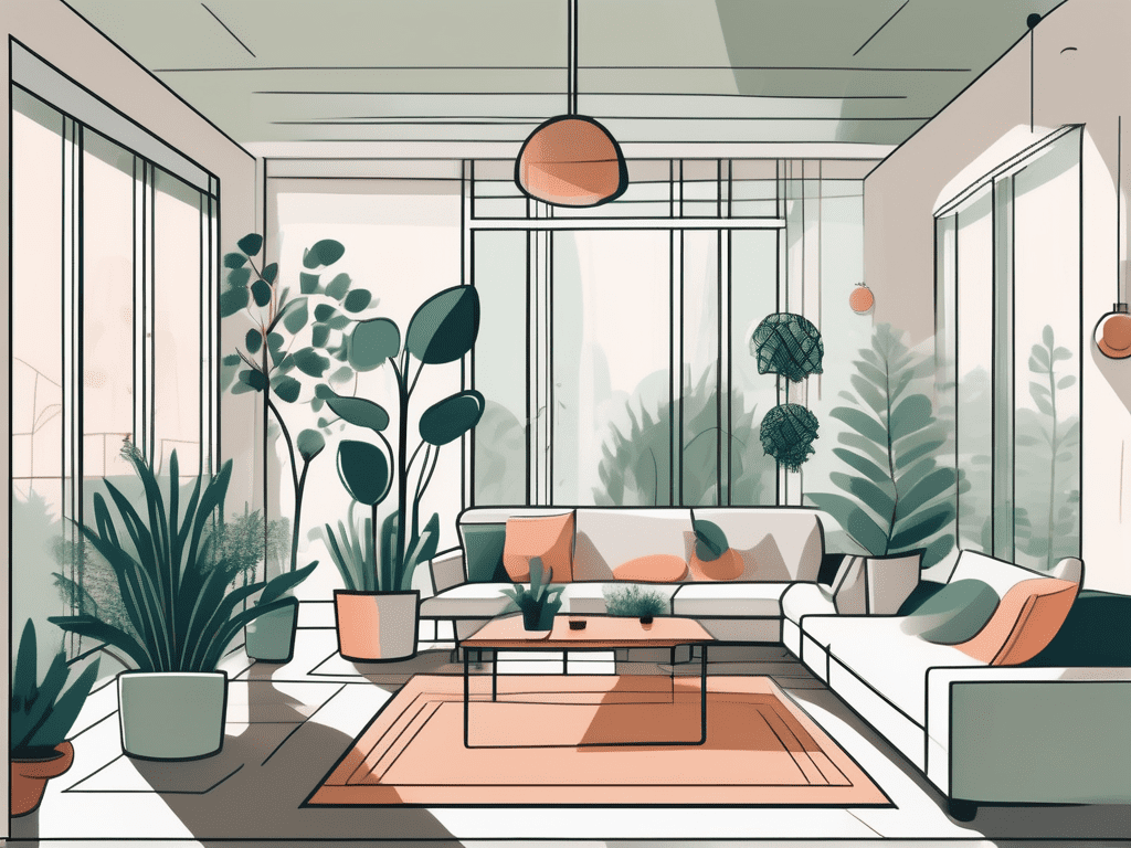 A living room with various indoor plants