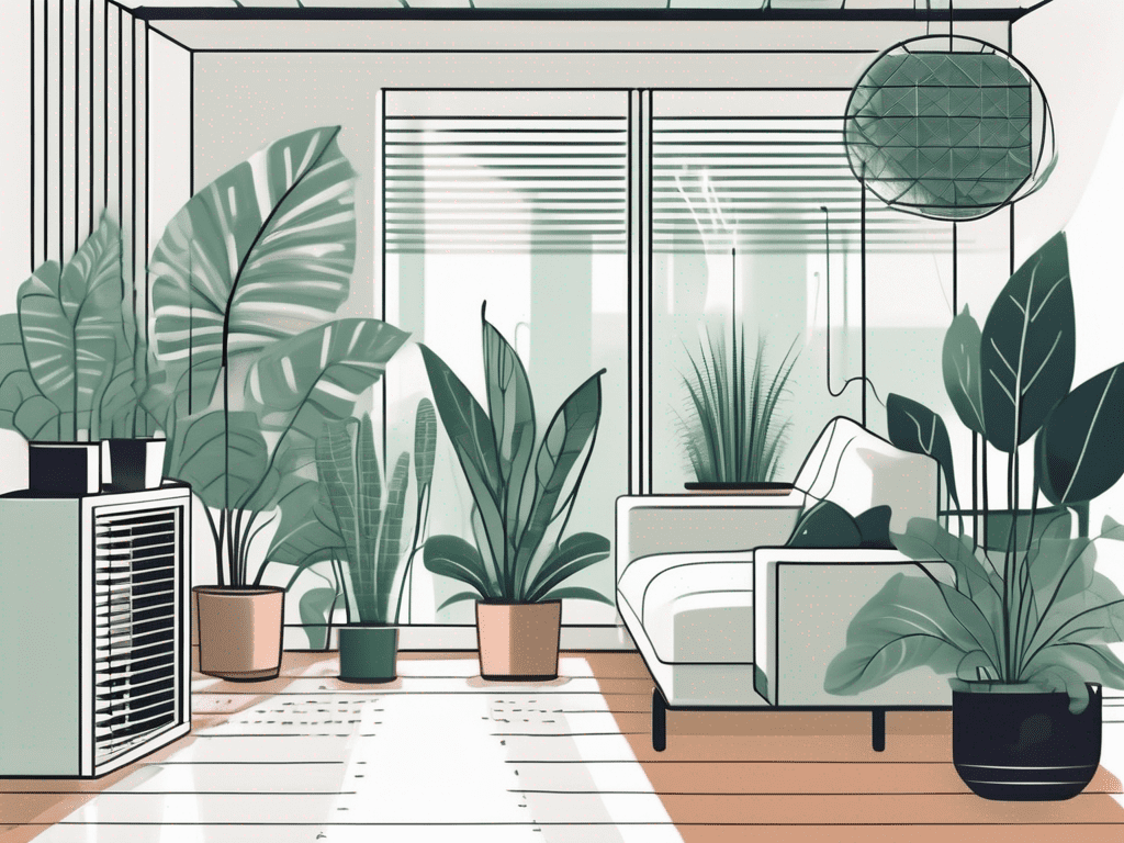 An indoor setting with a variety of houseplants