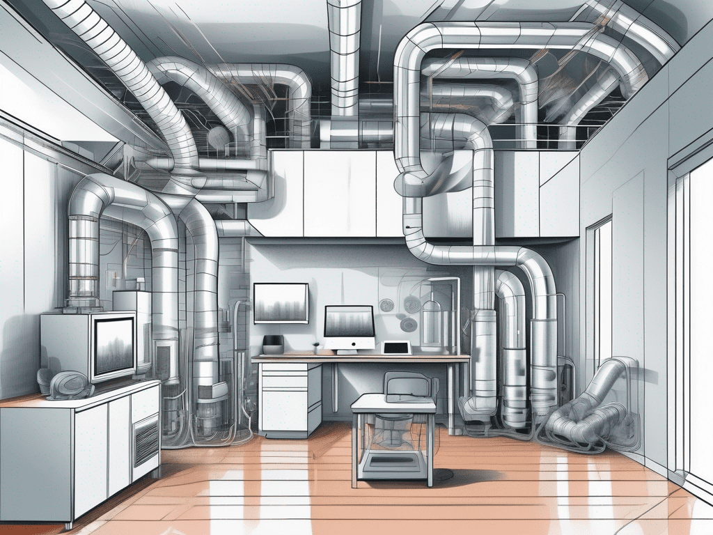 A modern home interior with an open cutaway view revealing a complex network of air ducts