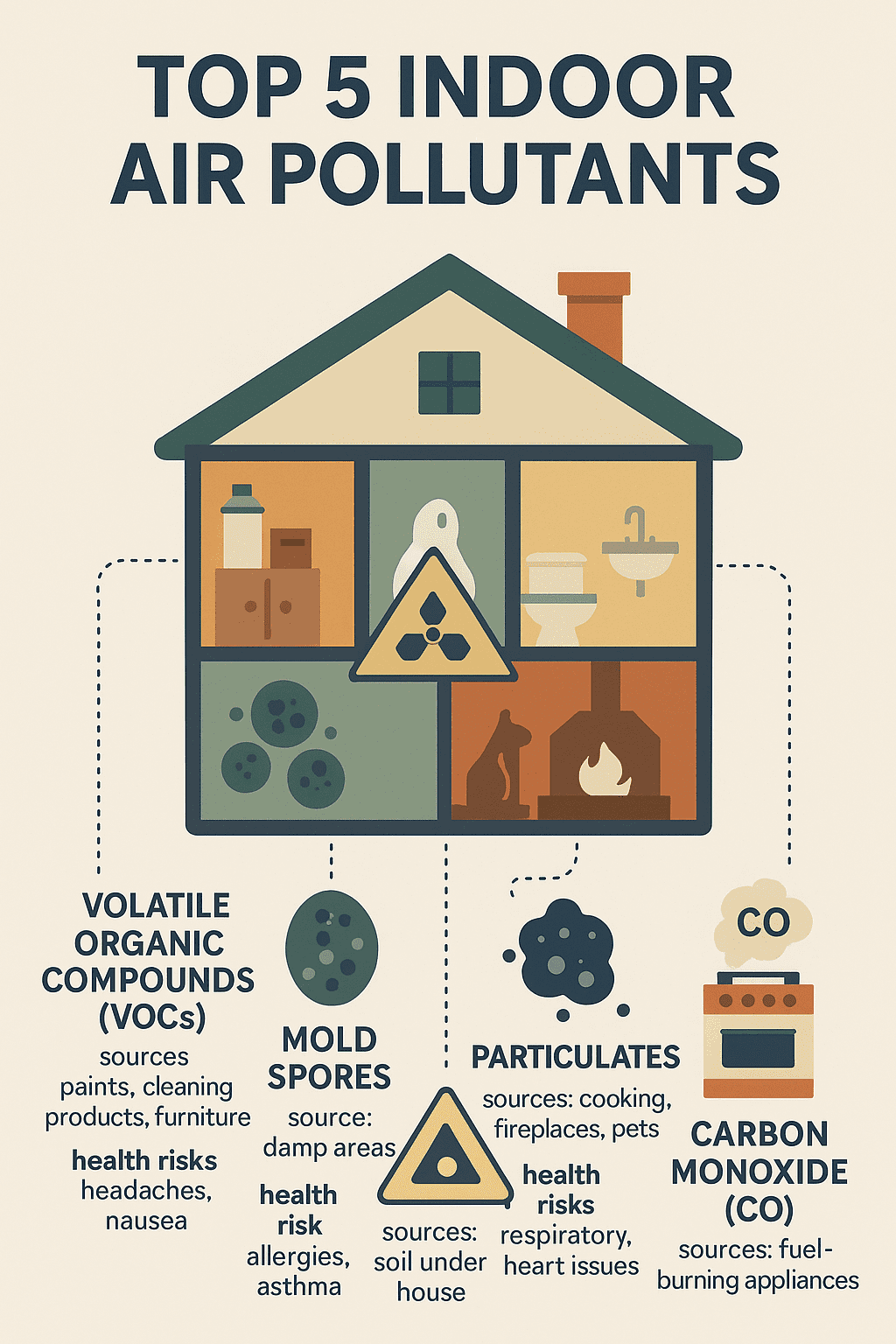 Infographic visually breaking down the top 5 indoor air pollutants, showing their common sources in a house, and listing their primary health risks.